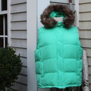 GAP Mint Green Fleece Lined Removable Fur Hood Down Insulated Puffer Vest Sz XL